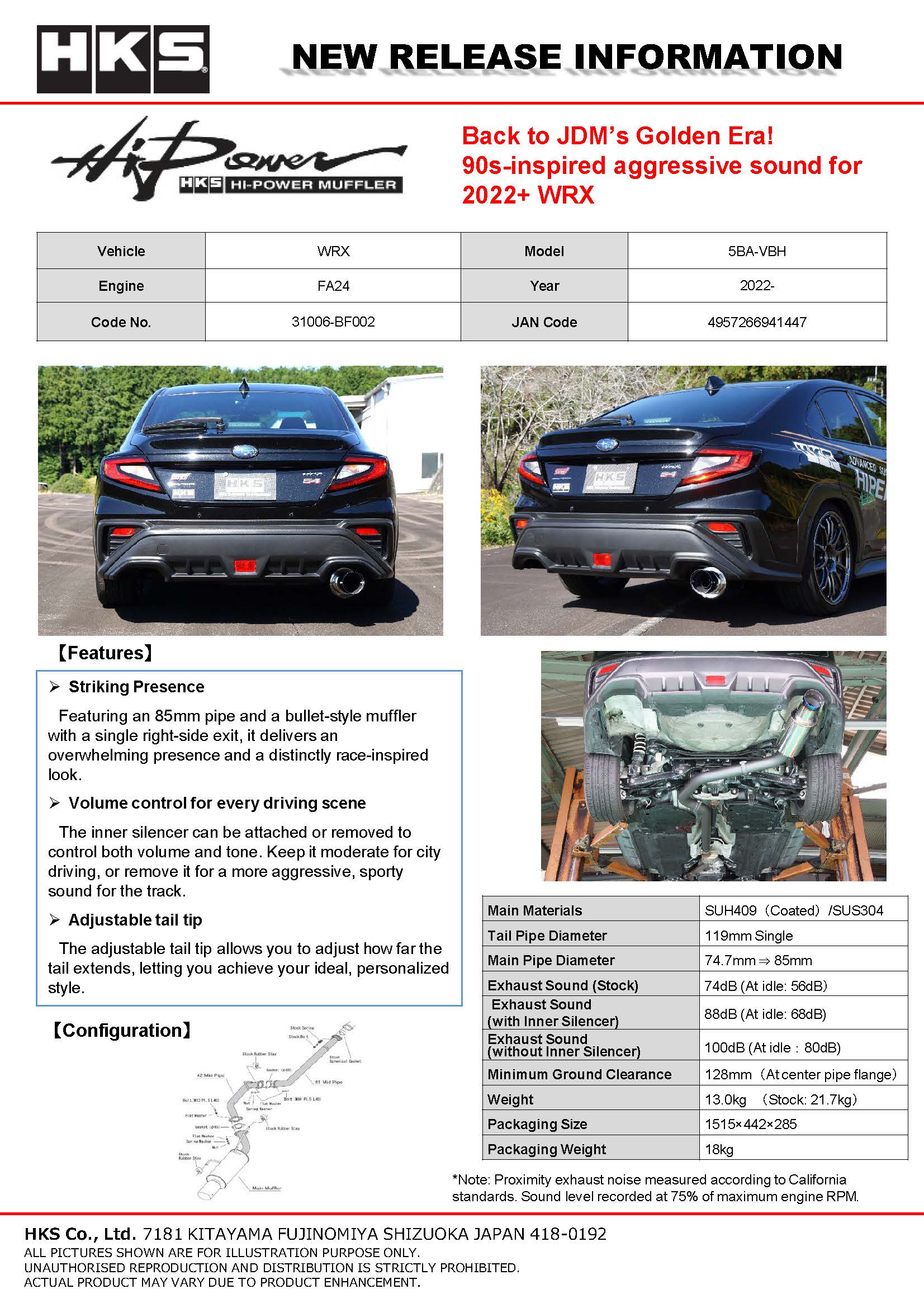 HKS Hi-Power Muffler VBH FA24 Single Exit Catback Exhaust System - 2022+ Subaru WRX