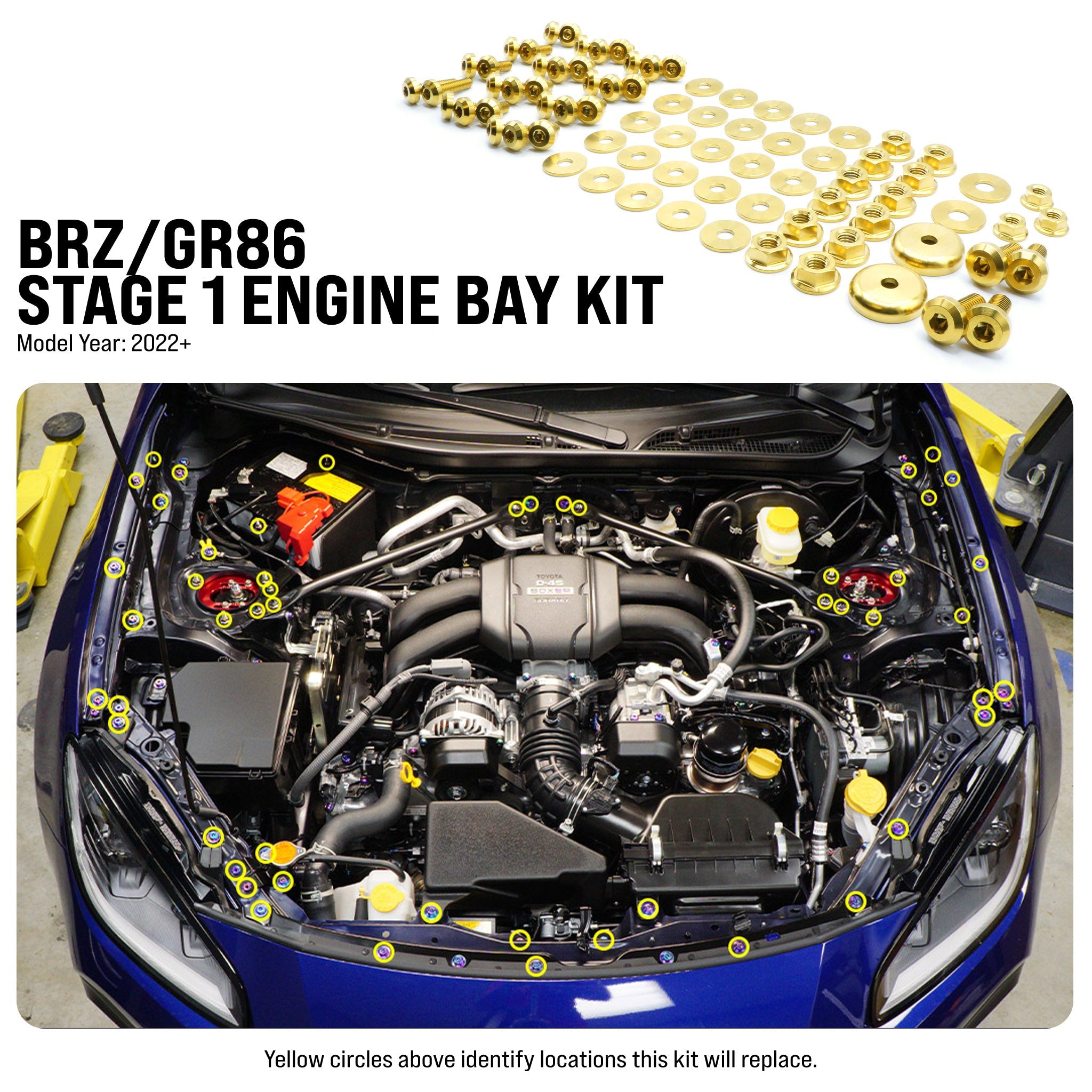 Stage 1 titanium engine bay hardware diagram for Toyota GR86 and Subaru BRZ