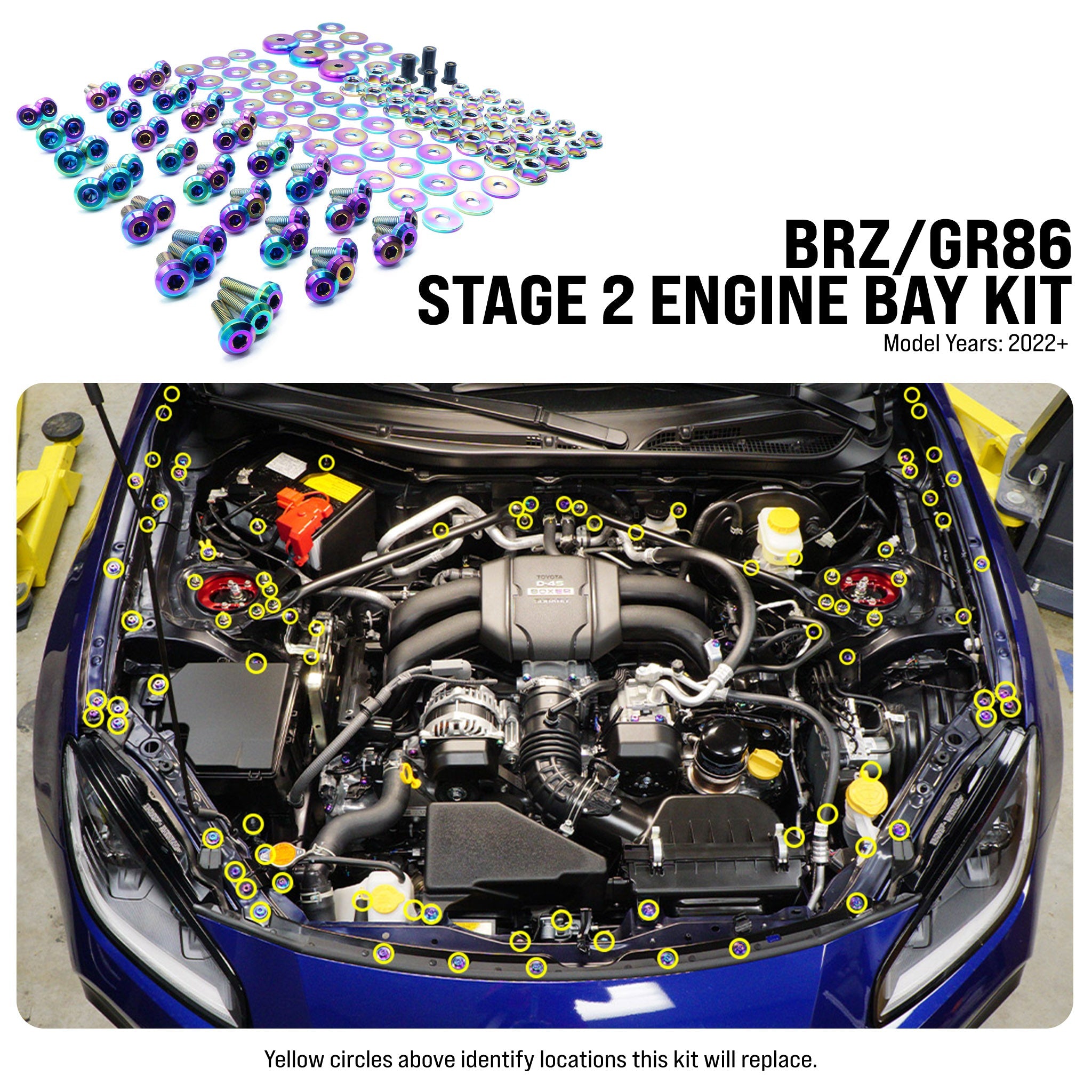 Stage 2 titanium engine bay hardware diagram for Toyota GR86 and Subaru BRZ
