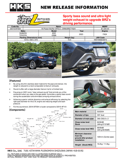 HKS Hi-Power Muffler SPEC-L Dual Exit Catback Exhaust System - 2022+ Toyota GR86 / Subaru BRZ