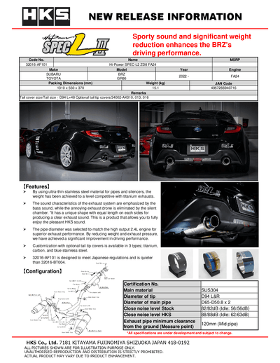 HKS Hi-Power Muffler SPEC-L2 ZD8 FA24 - 2022+ Toyota GR86 / Subaru BRZ