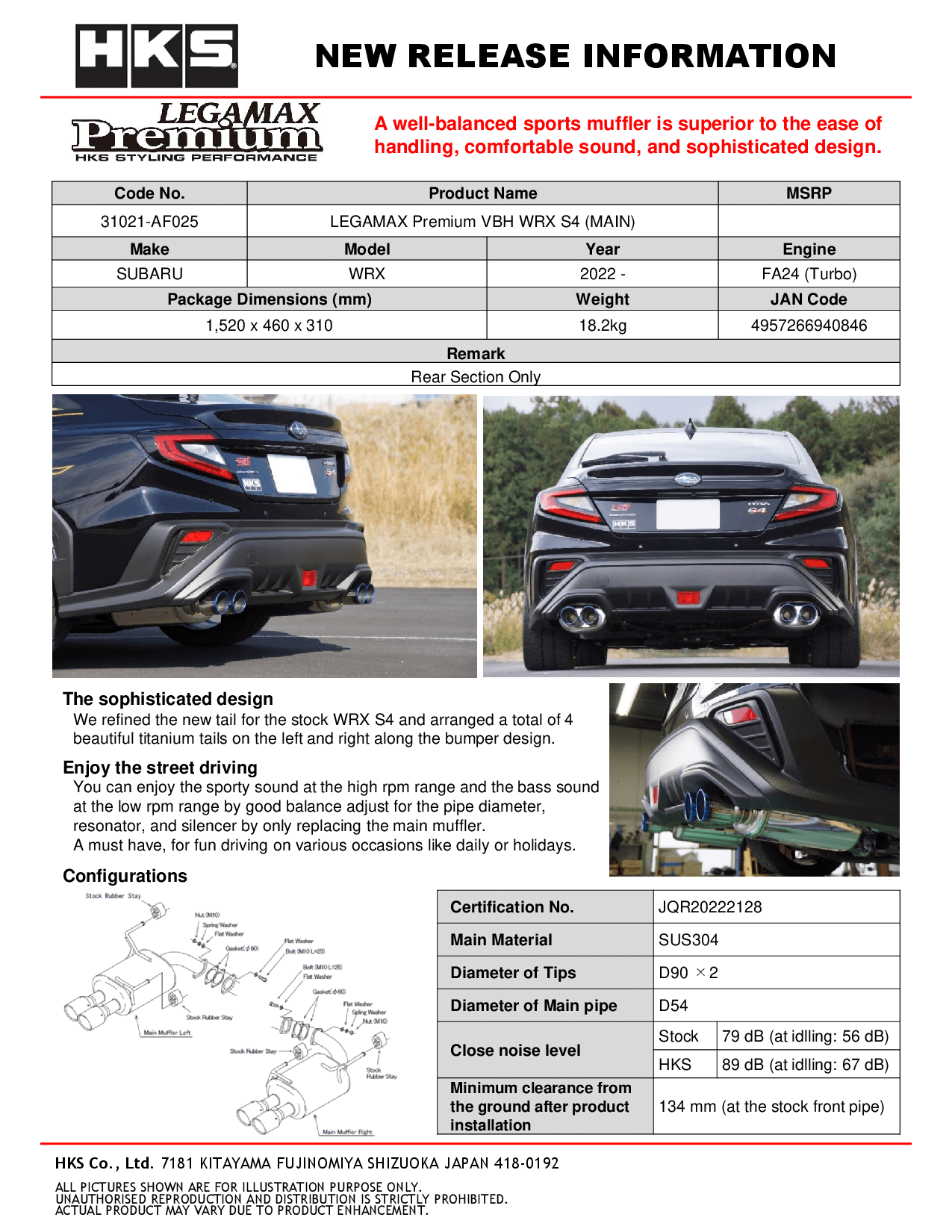 HKS LEGAMAX Premium VBH S4 Single Exit Axleback Exhaust System - 2022+ Subaru WRX