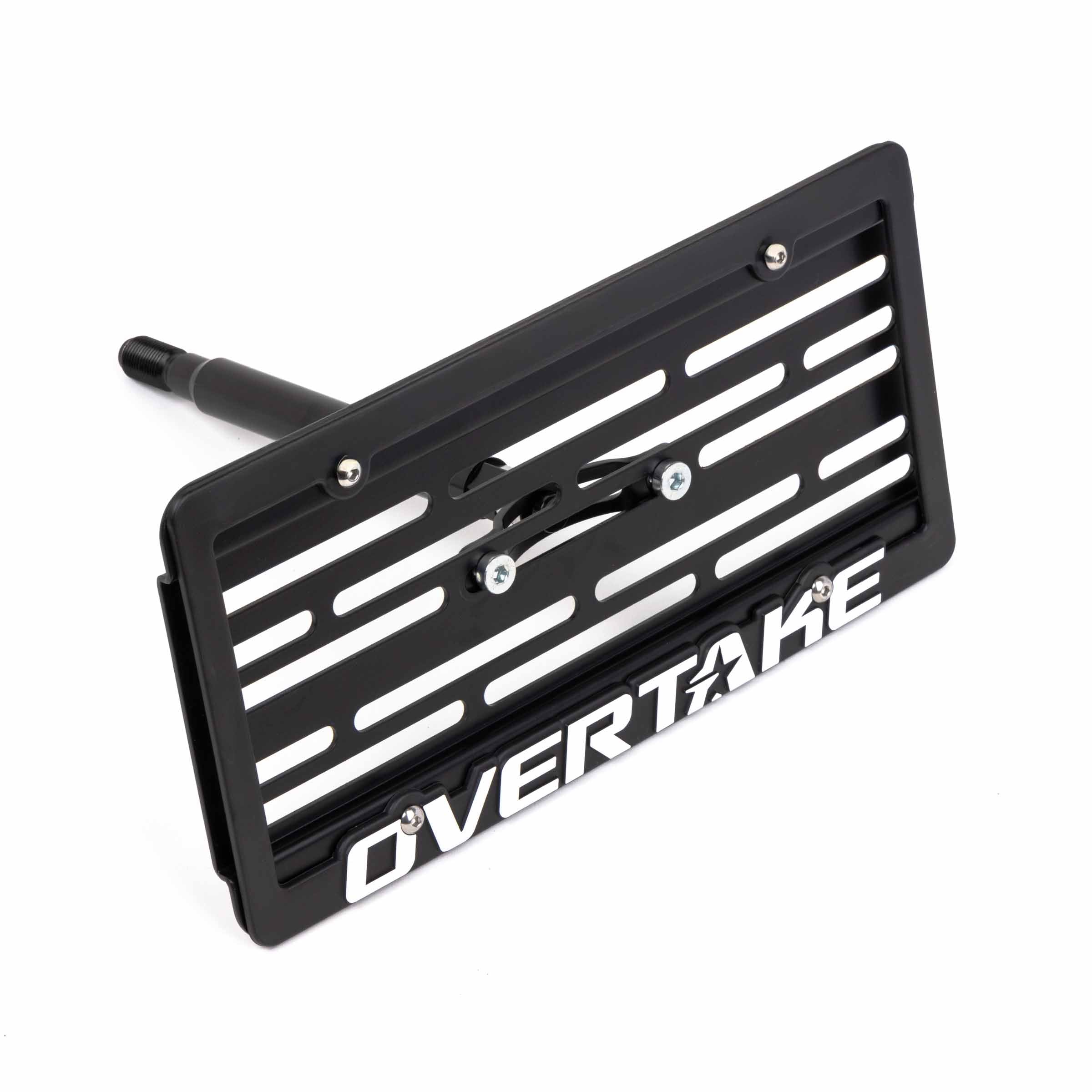 A Subaru license plate relocation kit with the brand name Overtake visible, designed for Subaru vehicles.