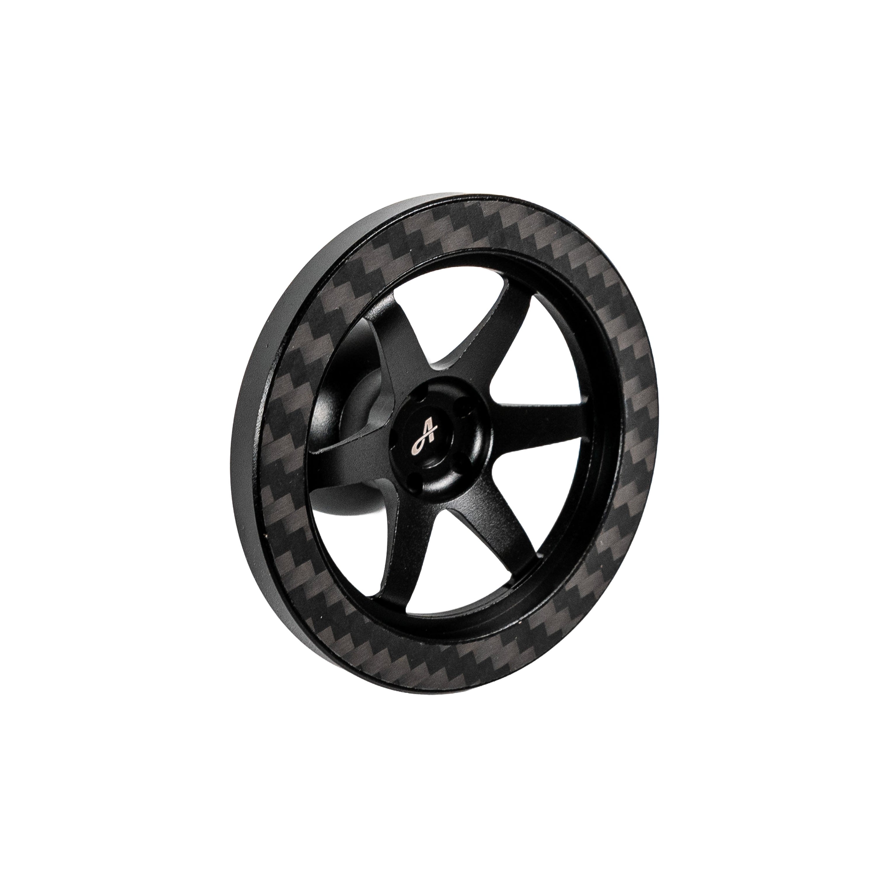 Black wheel-style phone mount with carbon fiber texture on a white background