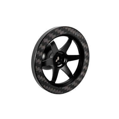 Black wheel-style phone mount with carbon fiber texture on a white background